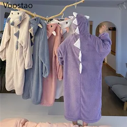 Autumn Winter Women Cute Pajamas Dress Cartoon Ears Hooded Sleepwear Coral Fleece Home Clothes Lady Sweet Warm Lounge Nightgowns