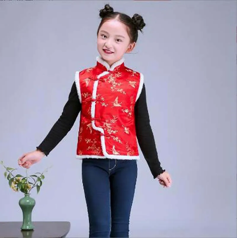 Chinese New Year Children Vest Cotton Tang Suit Boys Girls Winter Keep Warm Outwear Waistcoat Kids Satin Sleeveless Coat