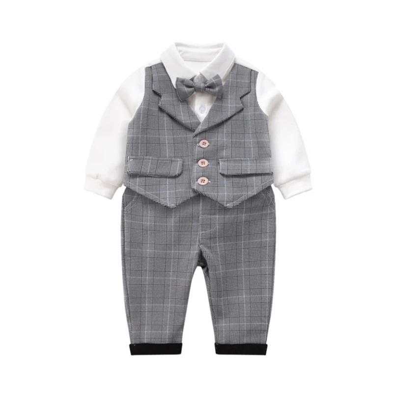 IYEAL New Fashion Gentleman Baby Clothes Set For Wedding Birthday Party Infant Newborn Fake 2 Pieces Bow Tie Rompers  + Pants