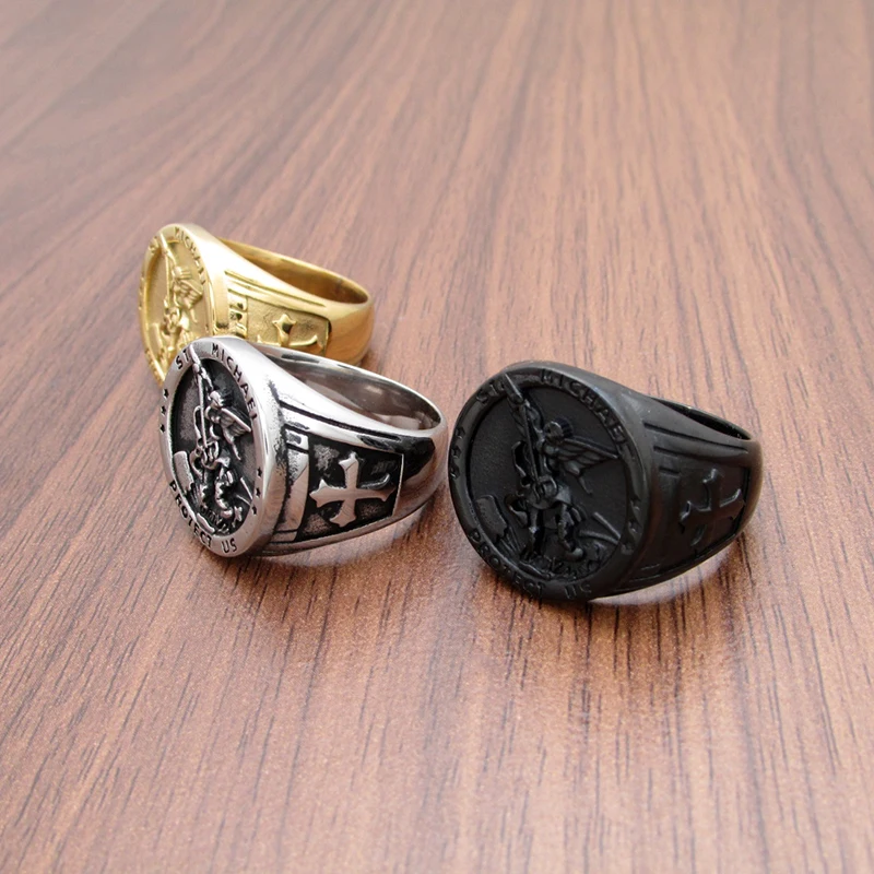خمر 316L الفولاذ المقاوم للصدأ سانت مايكل حماية الولايات المتحدة خواتم تعويذة شخصية دينية أسطورة الصليب الدائري