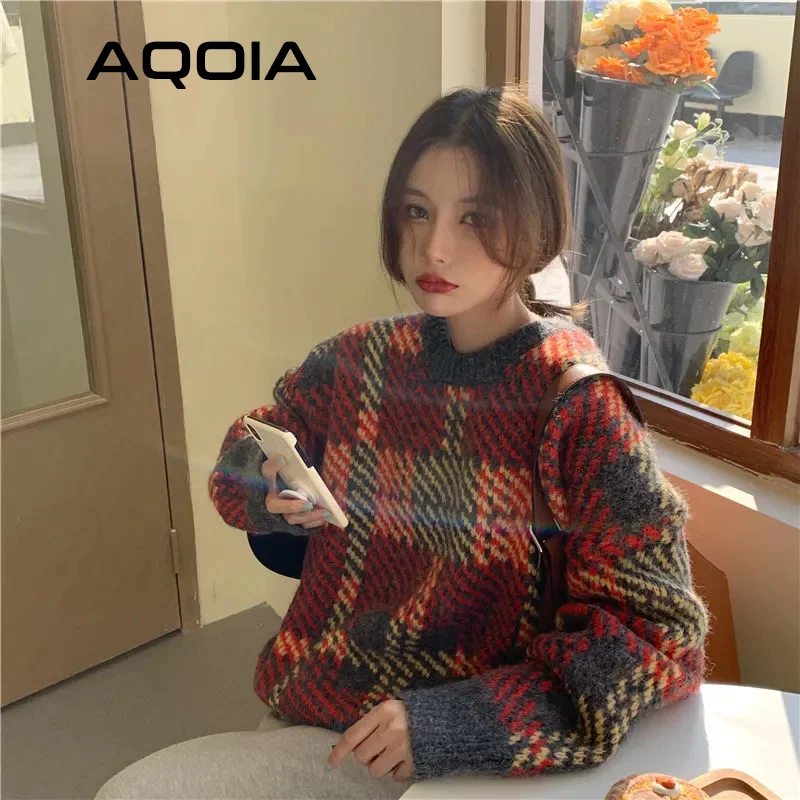 2022 Winter Vintage Knit Female Pullovers Oversize Long Sleeve Patchwork Women Sweater Korean Loose Woman Sweaters Clothing