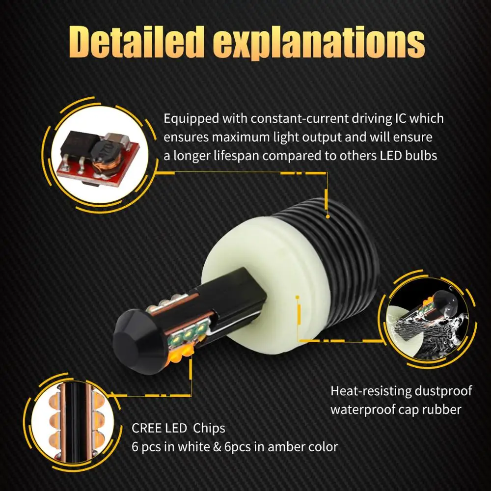 AILEO High Quality Dual Color 1156 7506 BA15S P21W LED Canbus Turn Signal Lights Error Free DRL 8SMD 12V 3000LM 48W White+Yellow