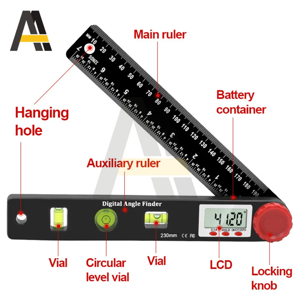 230MM 4 in 1 Digital Meter Protractor Angle Ruler Spirit Level Ruler Woodworking Angle 360 Degree Protractor Electron Goniometer