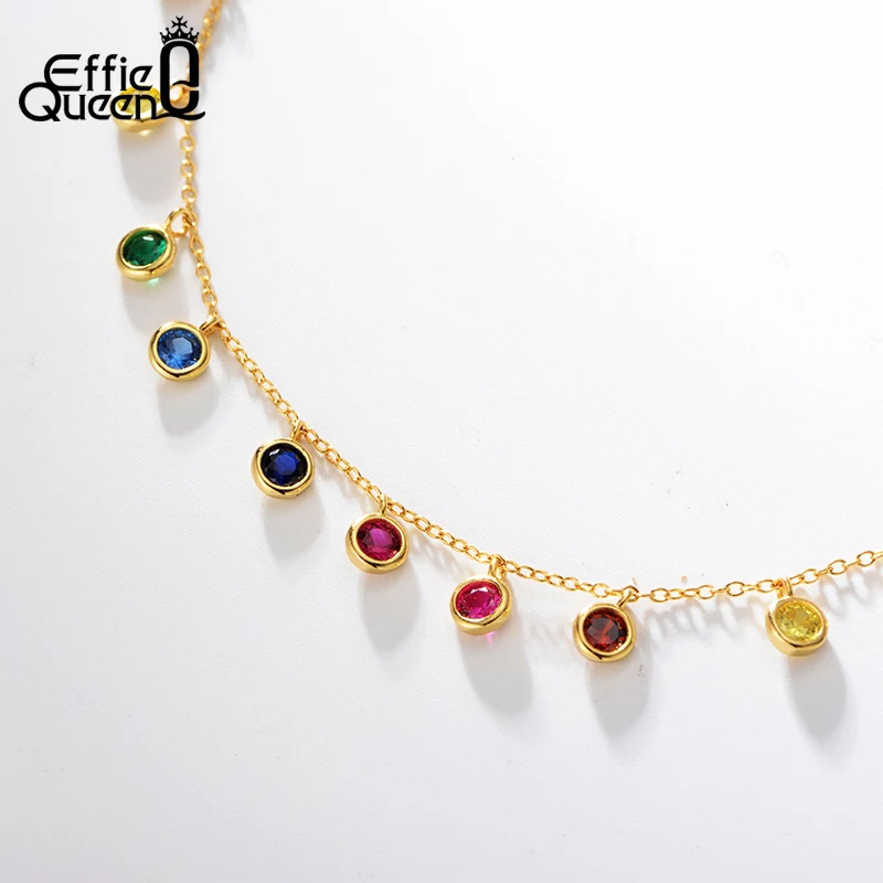 

Effie Queen Real 925 Sterling Silver Gold Plated 40+6cm Choker 5mm Bezel Set Rainbow Cz Drop Charm Women Necklace Jewelry EQN27