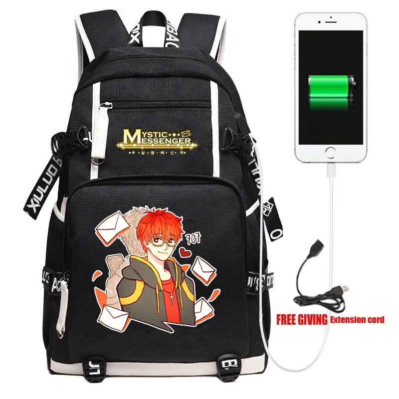 Anime Game Mystic Messenger USB Backpack Unisex Black Travel Shoulder Bags Kids Teens School Student Bags Bookbag