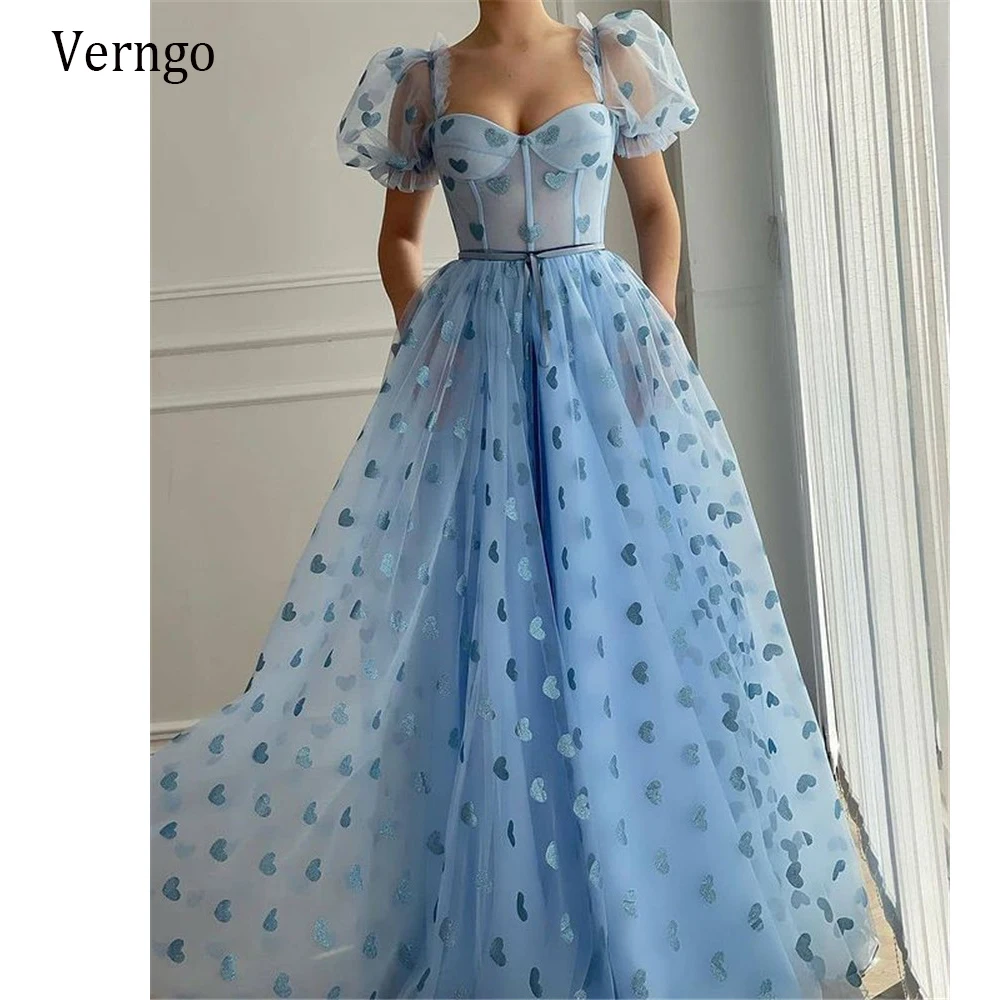 Verngo Tulle Biru Muda Elegan dengan Gaun Prom Panjang Garis A Hangat Gaun Malam Saku Pita Lengan Pendek Puff 2021