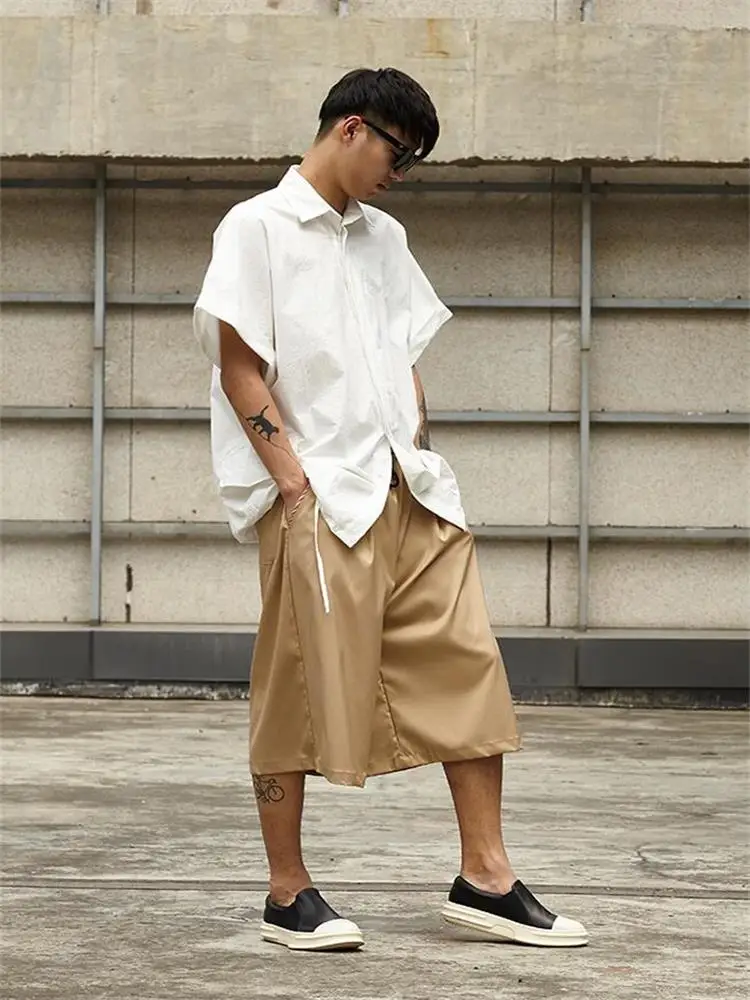 

Men's Short Sleeve Shirt Summer New Solid Color Retro Off Shoulder Fashion Trend Casual Loose Oversized Shirt