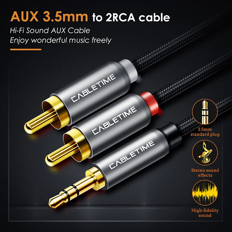 CABLETIME AUX 3,5 mm Jack do 2 RCA Kabel audio M/M 3,5 RCA AUX Stereo do słuchawek do wzmacniaczy DJ Audio Theater DVD C106