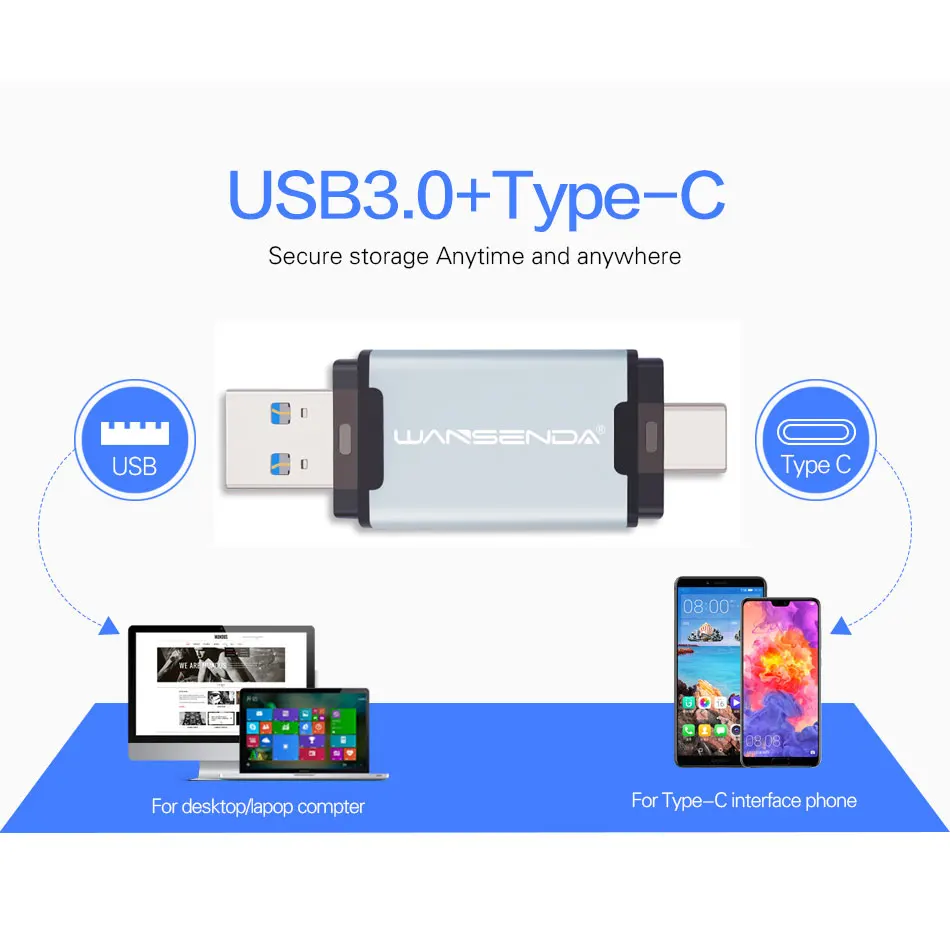 WANSENDA USB แฟลชไดรฟ์ประเภท C และ USB 3.0 ไดรฟ์ปากกา 512GB 256GB 128GB 64GB 32GB 16GB USB Memory Stick ความเร็วสูง Pendrive