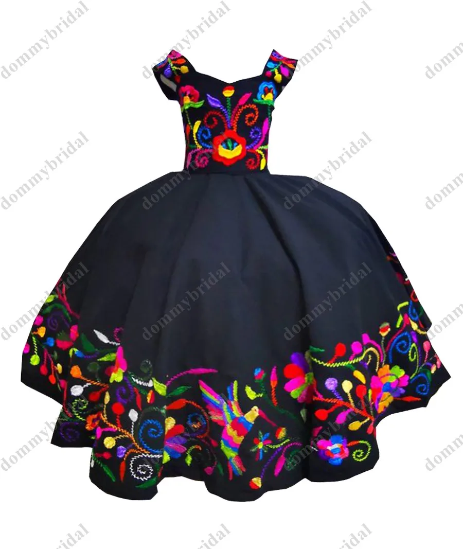 2023 colorido flor bordado sexy preto bola vestido para meninas quinceanera concurso baile de formatura vestidos formais para crianças meninas pequenas mexicana