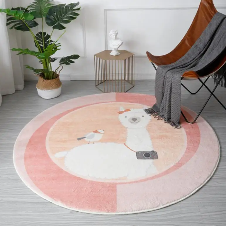 INS Cartoon Round Kids Bedroom Carpets Lamb Cashmere Pink Living Room Non-Slip Carpet Sofa Tatami Bedside Rugs Baby Crawling Mat