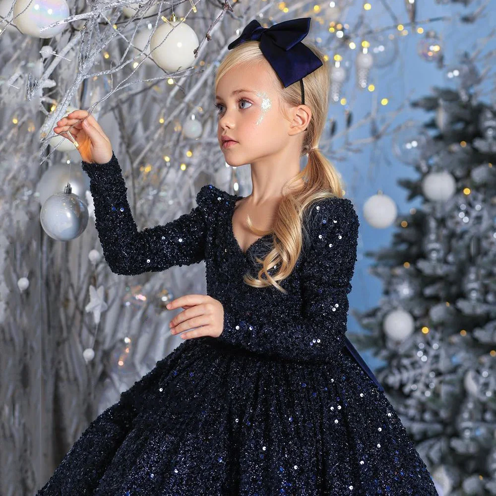 Navy Blue Flower Girl Dress Customized Glitter Sequin Pageant Party Gown Litter Girls Long Sleeves Backless Christmas Dresses