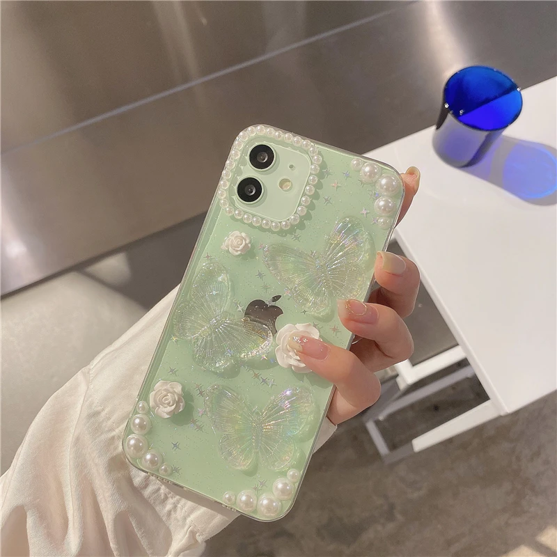 Qianliyao Cute 3D Bow Pearl Rose Phone Case For iPhone 15 14 13 12 11 Pro XS Max XR X 8 7 Plus Se Sequins Soft Shockproof Cover