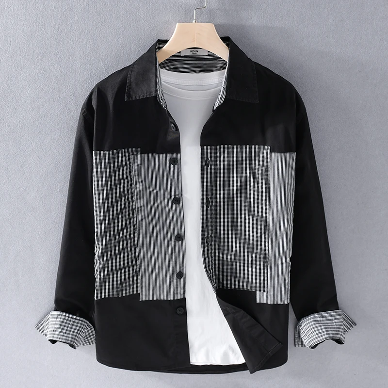 

Designer new stitching plaid shirt men brand casual shirts for men cotton black shirt mens fashion shirts male chemise tops