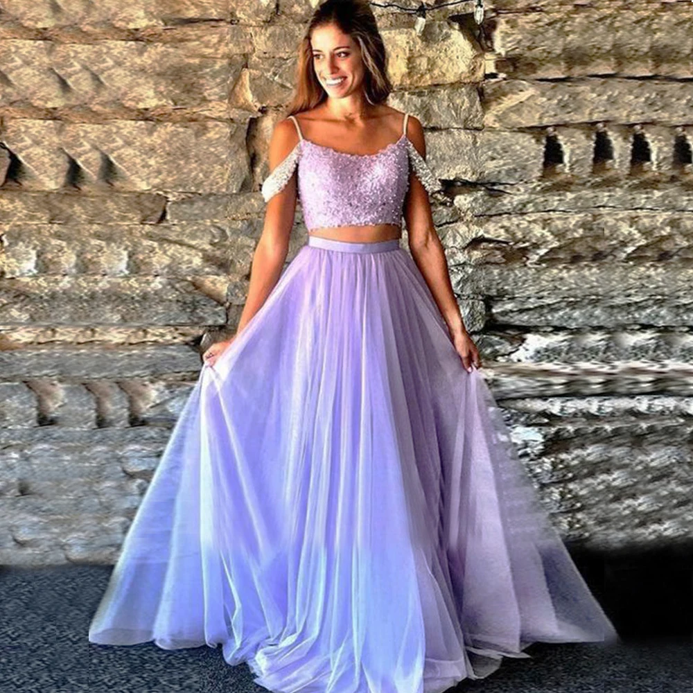 

Lavender Side-Sleeve Lace Two Piece Prom Dress Vestidos Degraduacion Extra Tulle Prom Dress