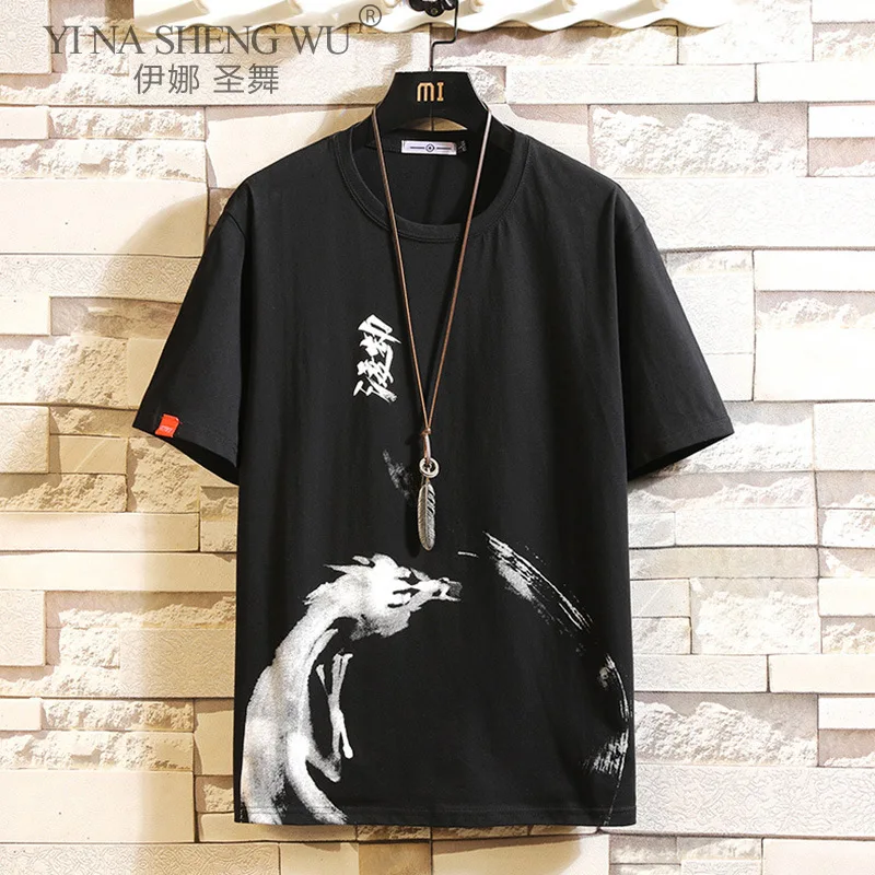 Chinese Style T Shirt Men Funny Anime Print O-Neck Japanese Loose Black White Gray Cotton Tshirts Male Summer Streetwear Fashion