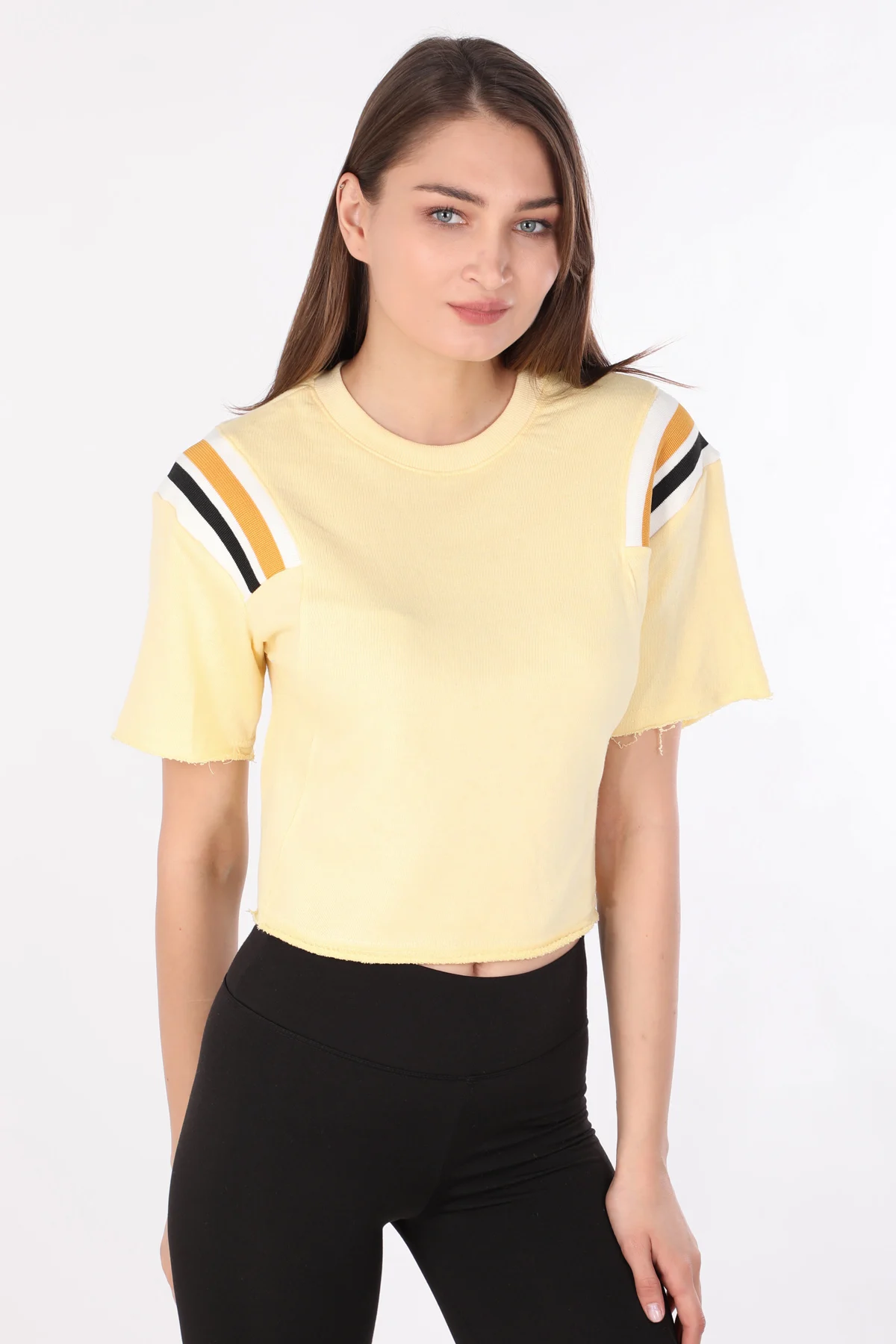 Women Ribanalı Crop T-shirt Yellow