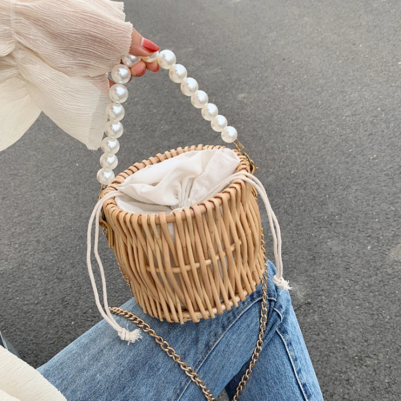 Fashion Pearl bag women's new hand-woven straw bag rattan crossbody shoulder bags ins wild mini evening clutch bags