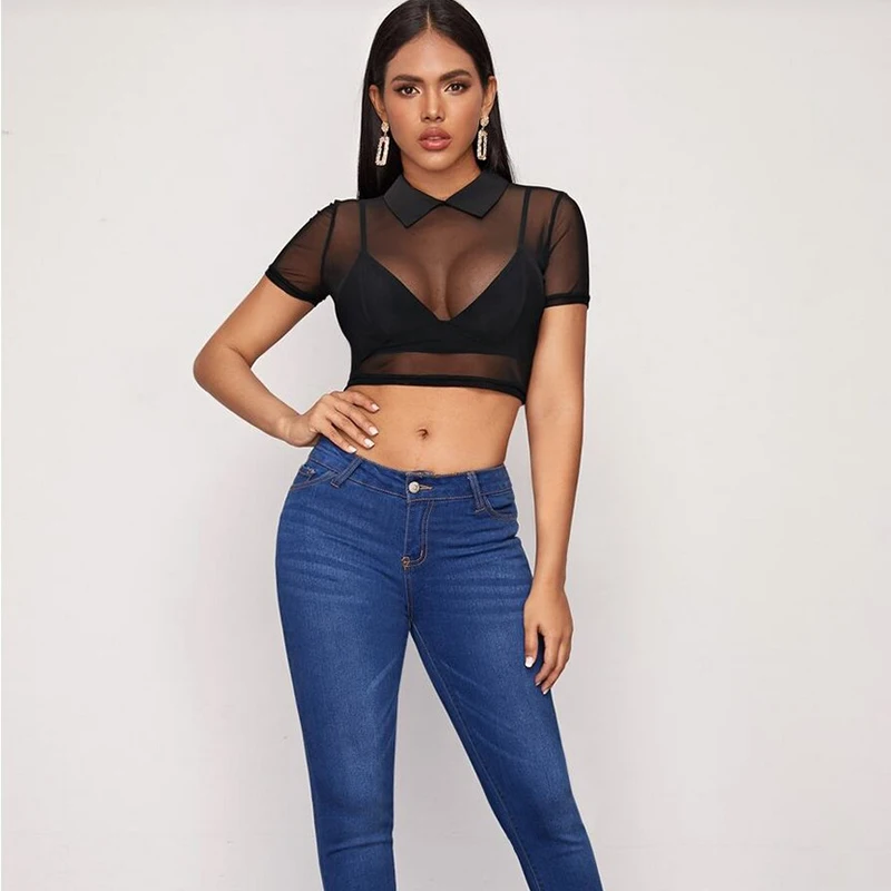 sexy sheer summer black short sleeve crop womens blouses and tops 2021 See Through slim turn down collar cropped mesh shirt c51