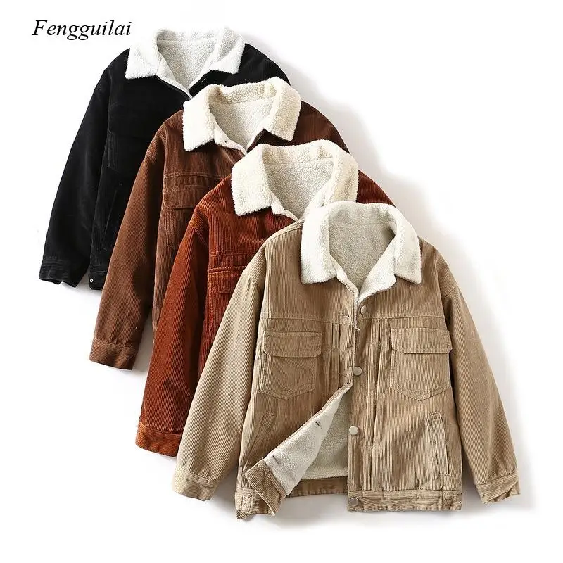 Corduroy Oversize Basic Jacket For Women Winter Thick Warm Coat Long Sleeve Turndown Collar Casual Single Breasted Outwears