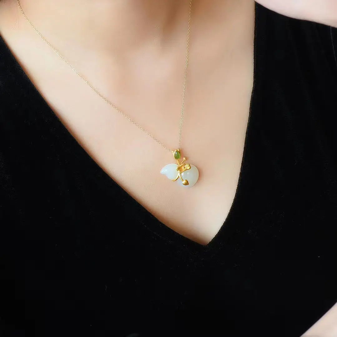 New silver inlaid natural Hetian jade necklace Chinese style retro lotus leaf gourd Pendant Light luxury charm women\'s jewelry