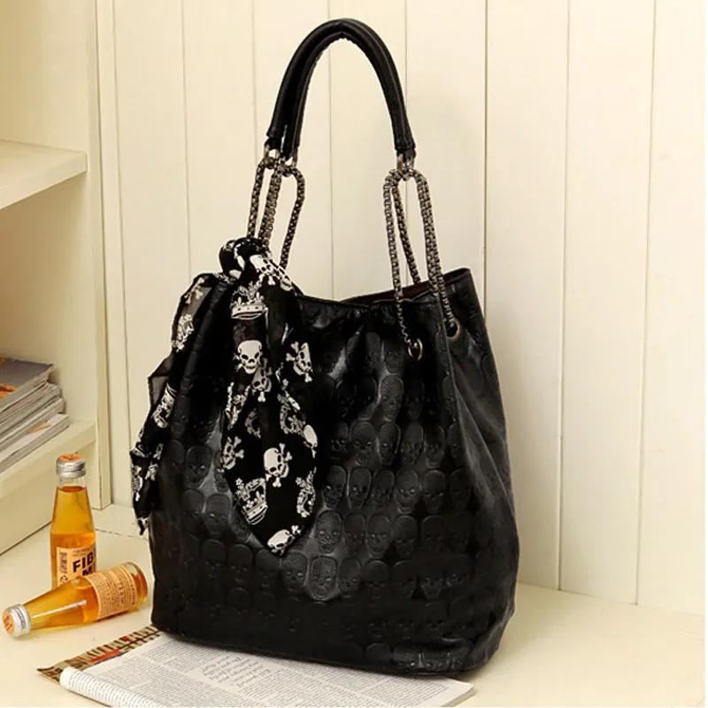 HISUELY 2024 Vintage Skull Shoulder Bags Women Bucket Pu Leather With Silk Female Black Handbags Ladies Casual Chain Tote Bag