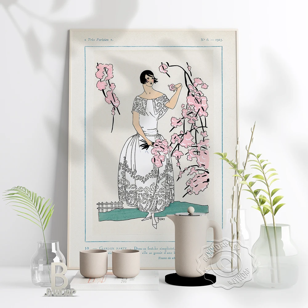 Wind Blows Pink Flower Poster, Fashion White Dress Black Short Hair Girl Appreciate Flower Art Prints, Nordic Home Wall Decor