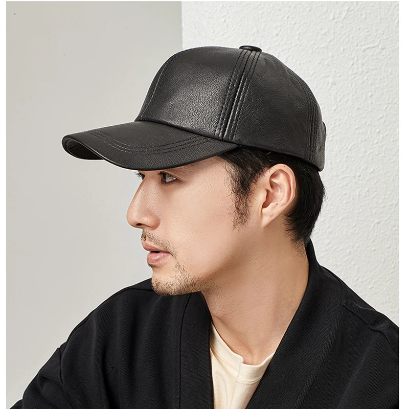 

New 2023 Men Korea Genuine Leather Baseball Caps 55-60 Adjustable Male Casual Sheepskin Belt Ear Warm Sprot Flight Hats