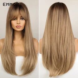 Emmor Synthetic Hair Wigs with Bangs Long Straight Wigs for Women Heat Resistant Ombre Black Brown Golden Blonde Cosplay Wigs