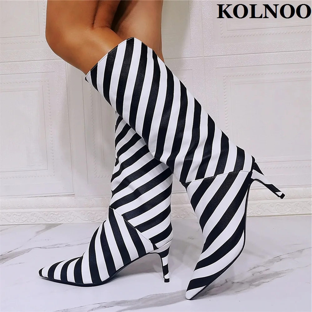 

Kolnoo New Arrival Handmade Ladies Mid Calf Boots Zebra Style Pointed-toe Party Prom Half Boots Sexy Evening Club Fashion Shoes