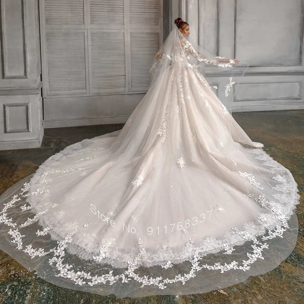 Trouwjurk Langarm Ballkleid Brautkleid O-Ausschnitt Prinzessin Hochzeitsklid Illusion zurück Luxus Roben de Mariage Braut Kleider