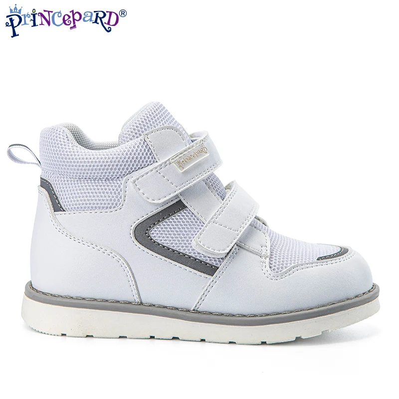 Princepard Children Orthopedic Shoe Autumn Outdoor White Leather Sport Sneaker with Arch Support for Flatfoot Tiptoe Walking