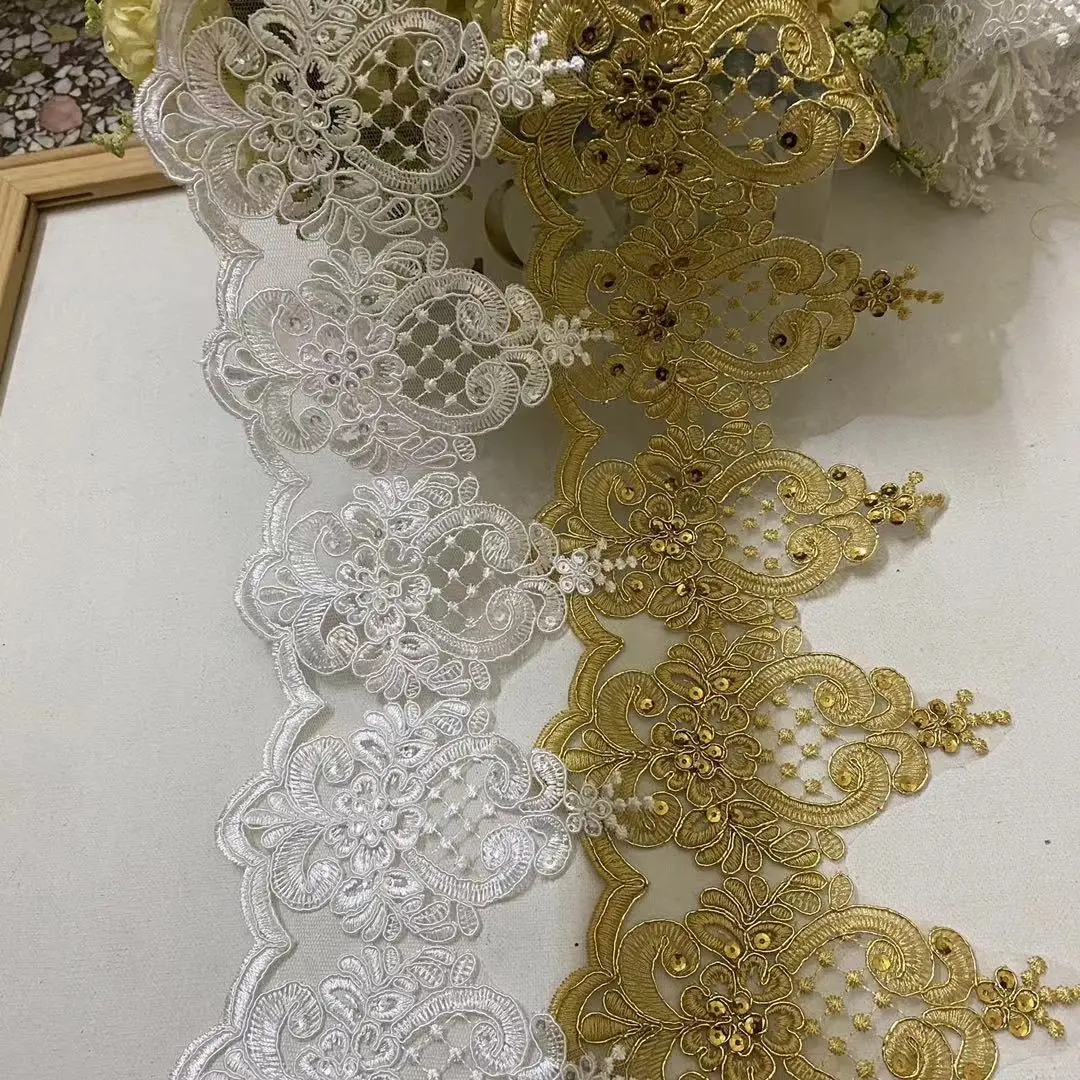 1Yard 15cm wide Exquisite Gold Ivory Cording Lace Embroidery Lace Dress Home Textile Sequin Triming Dance Clothes DIY Materail