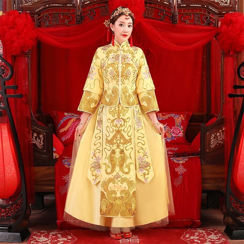 Golden cheongsam Spring Autumn Especial Fashion Chinese bride wedding gown dress Suzhou embroidery female golden kimono S-XXL