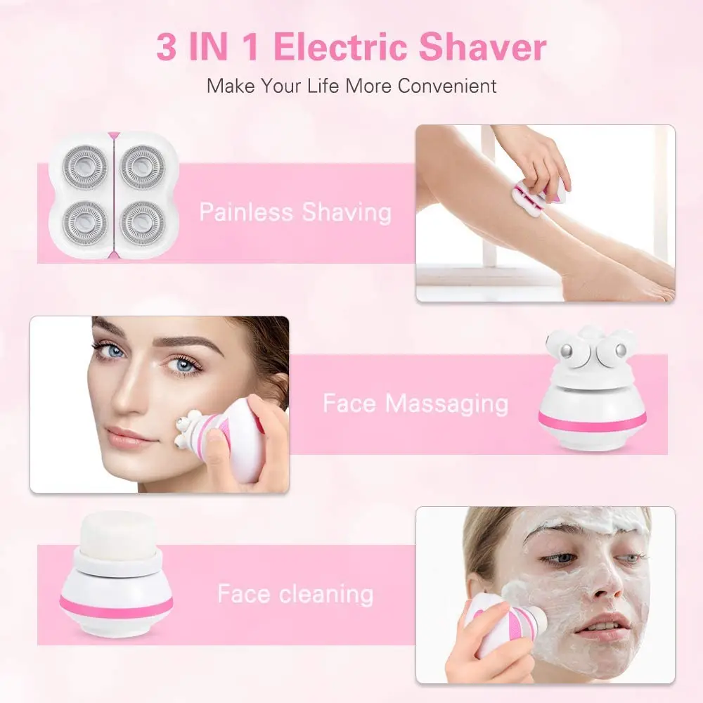 3 in 1 Painless Electric Razor with Facial Massager & Cleansing Brush Electric Shaver for Women Lady Body Epilator Hair Removal