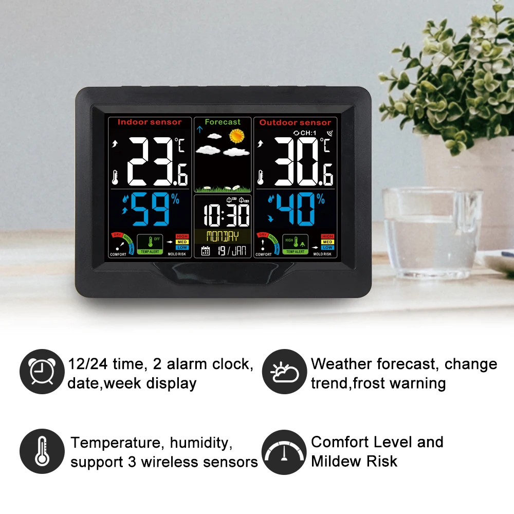 

Weather Station Multifunctional Wireless Indoor Outdoor Thermometer Hygrometer Forecast Snooze Alarm Clock Mold Alarm