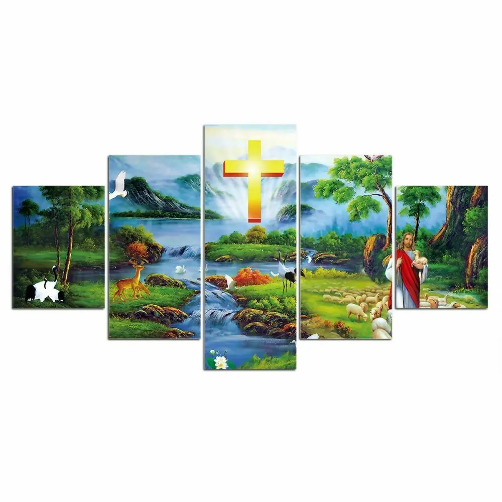 

5 Pieces Great Christ Jesus With Happy Green Wall Art Poster Decoration Oil Painting Canvas Painting for Home Decor Background