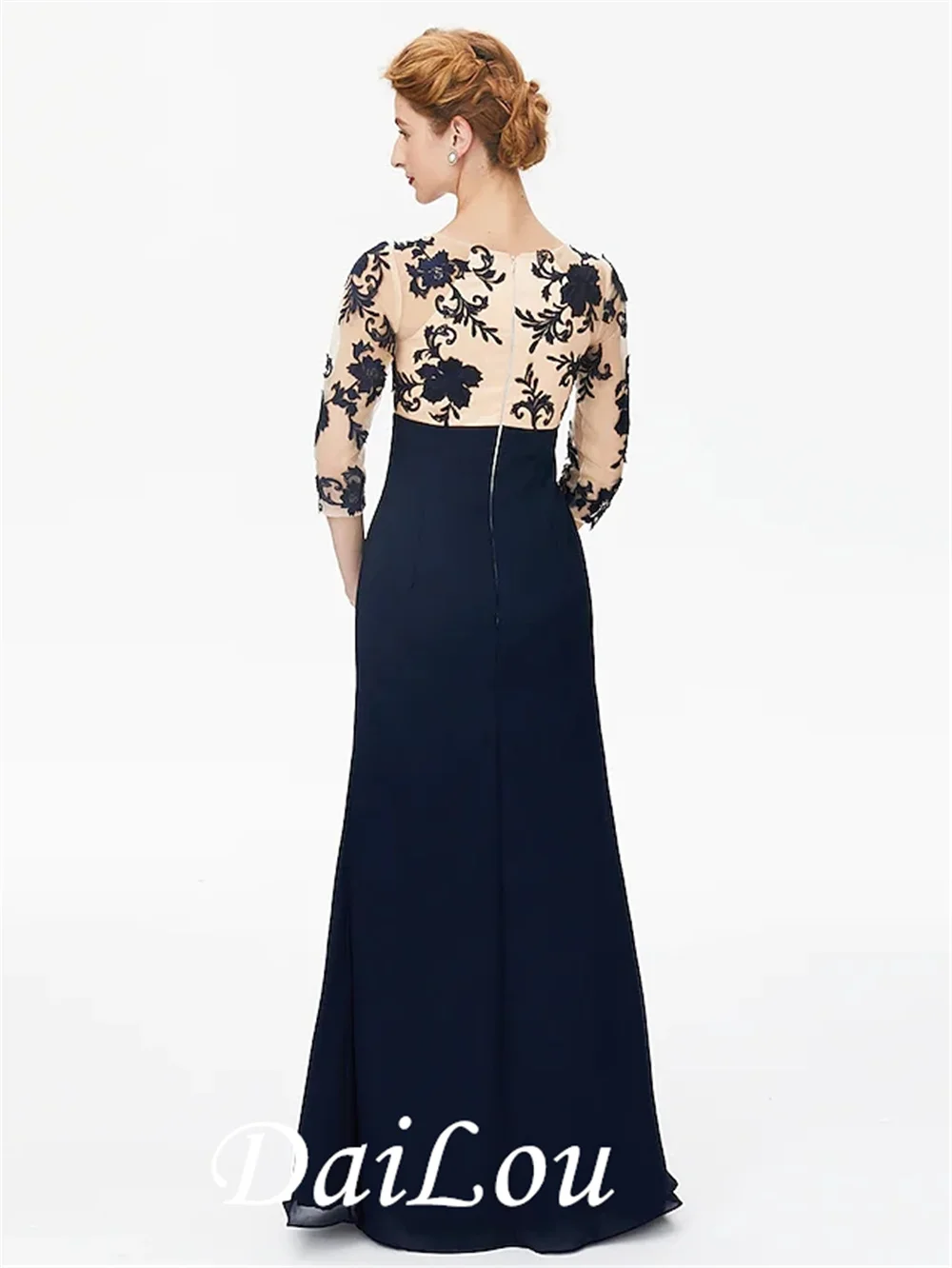 Sheath / Column Mother of the Bride Dress Color Block Beautiful Back Bateau Neck Chiffon Floral Lace 3/4 Length Sleeve with Lace