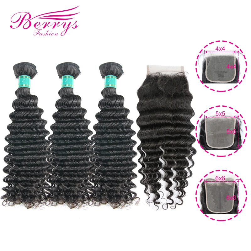 Berrys Fashion – extensions de cheveux brésiliens 100% naturels, cheveux vierges ondulés, avec fermeture 4x4, 5x5 et 6x6, 10-28 pouces