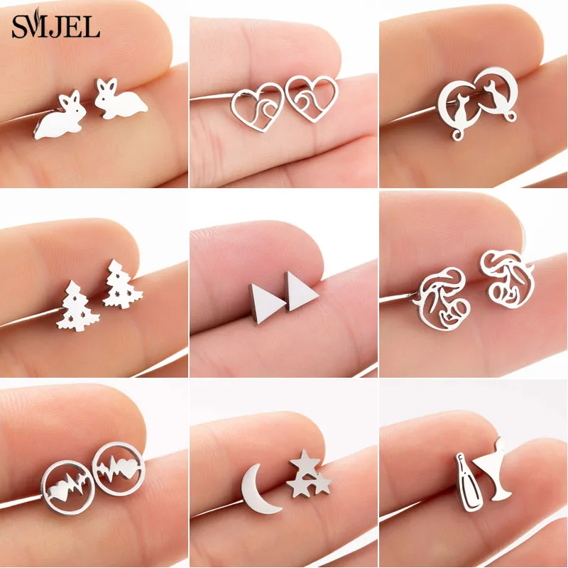 SMJEL Fashion Small Triangle Stud Earrings for Women Girls Christmas Jewelry 2024 Cat Rabbit Deer Animal Earring Love Heart Stud