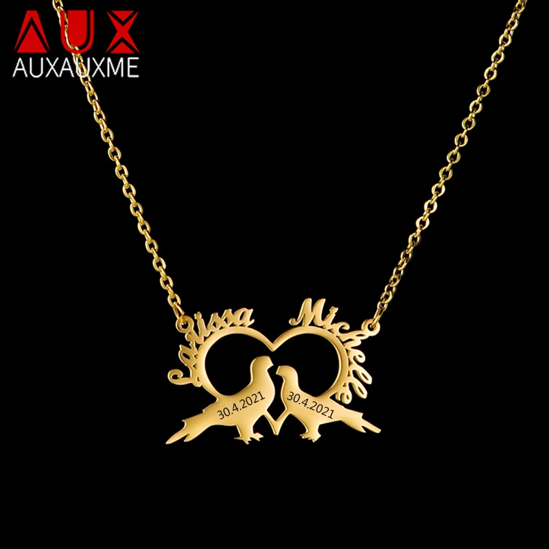 

Auxauxme Personalized Stainless Steel Lovebirds Names Necklace Romantic Engrave Date ID Custom Jewelry For Women Wife Gifts