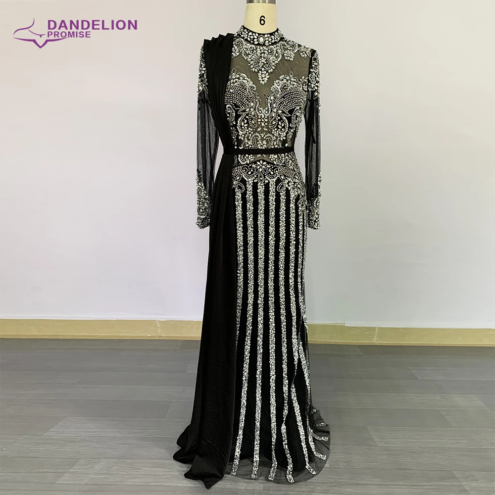 2020 Collection Gray Muslim Rhinestones Evening Dresses High Neck Dubai Long Sleeve Mermaid Gown For Women Party