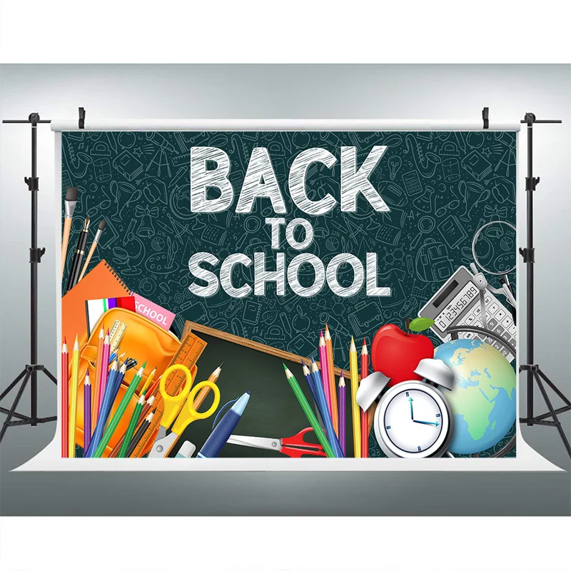 Mocsicka Back to School Backdrop Dark Green Doodle Blackboard Party Photography Background Alarm Clock Pencil Decoration Banner