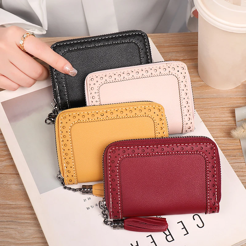 

Women Business Credit Card Holder Large Capacity Zipper Tassel Short Wallets Made of Leather Small Coin Purse Money Bag Clutch