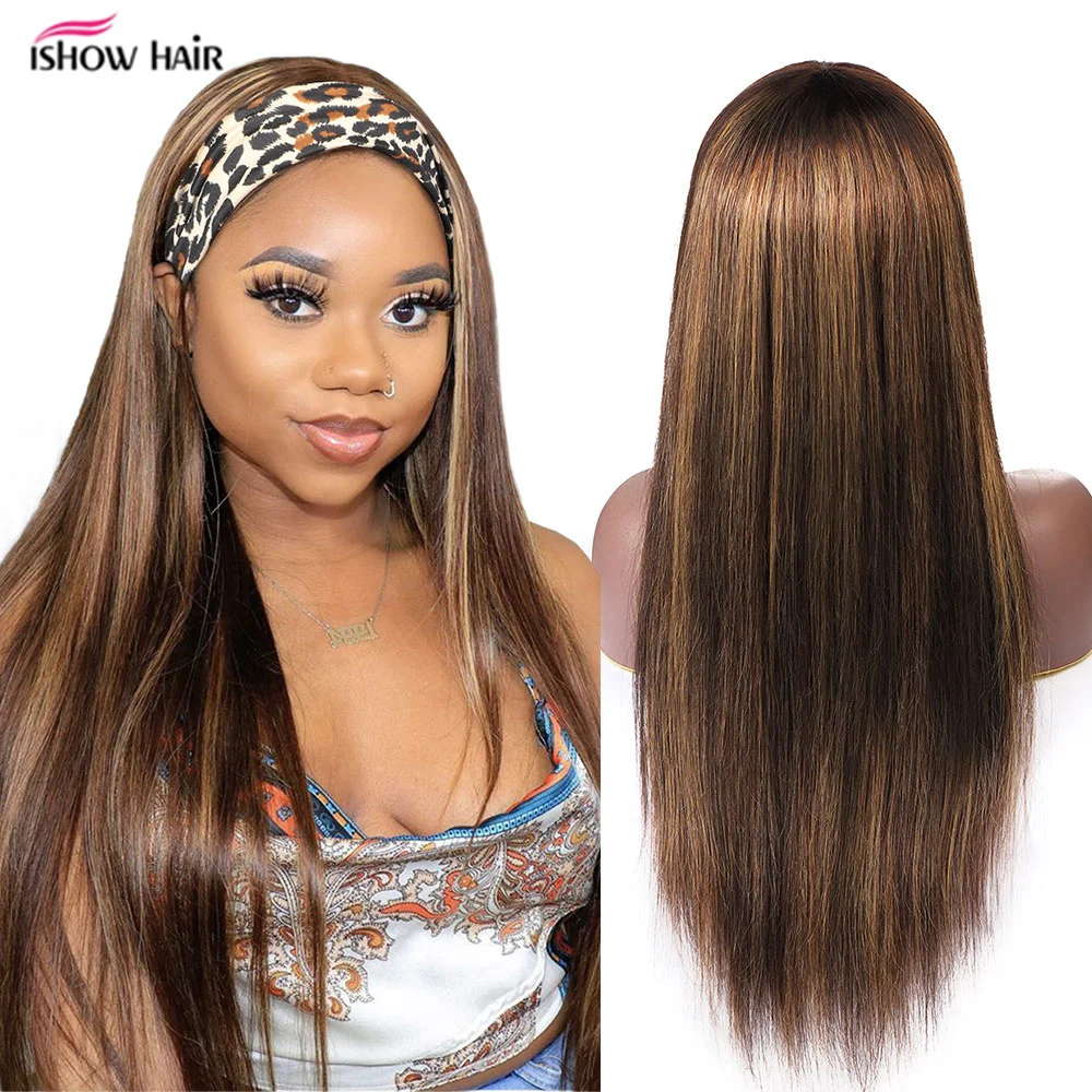 Ishow Highlight Headband Wig Human Hair Wigs For Women P4 27 Colored Straight Human Hair Wigs Brazilian Hair Scarf Wig