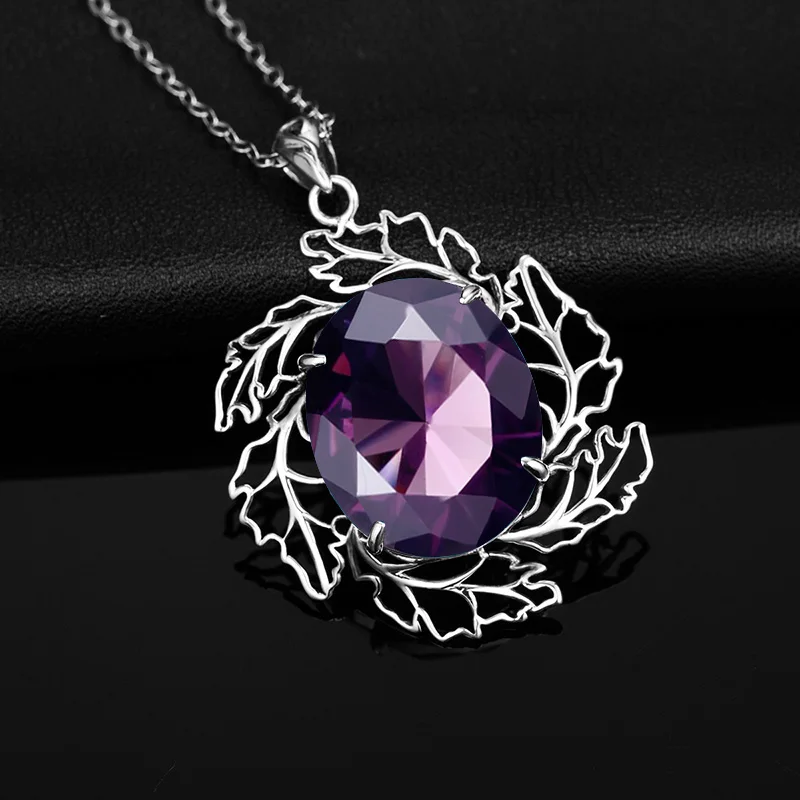 100% 925 Sterling Silver Pendant Women Creative Flower Silver Gemstone Pendant Round Purple Amethyst Love Stone Wedding  Jewelry