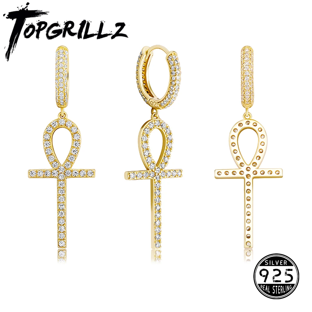 

TOPGRILLZ, 925 пробы, серебряные, Ankh, крестообразные серьги со льдом, микро покрытием, AAA, блестящие, CZ камень, серьги для мужчин и женщин, ювелирные изделия в стиле хип-хоп