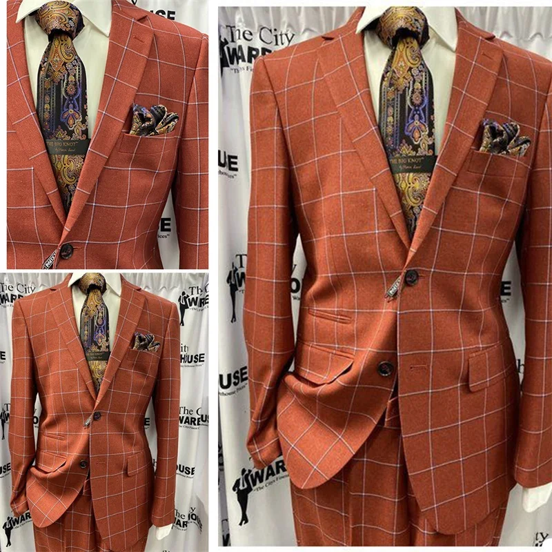 Orange Handsome Men's Plaid Suit  3 pieces Two Button Cotton blend Wedding British Business Suits Tuxedos Causal Prom Tailored