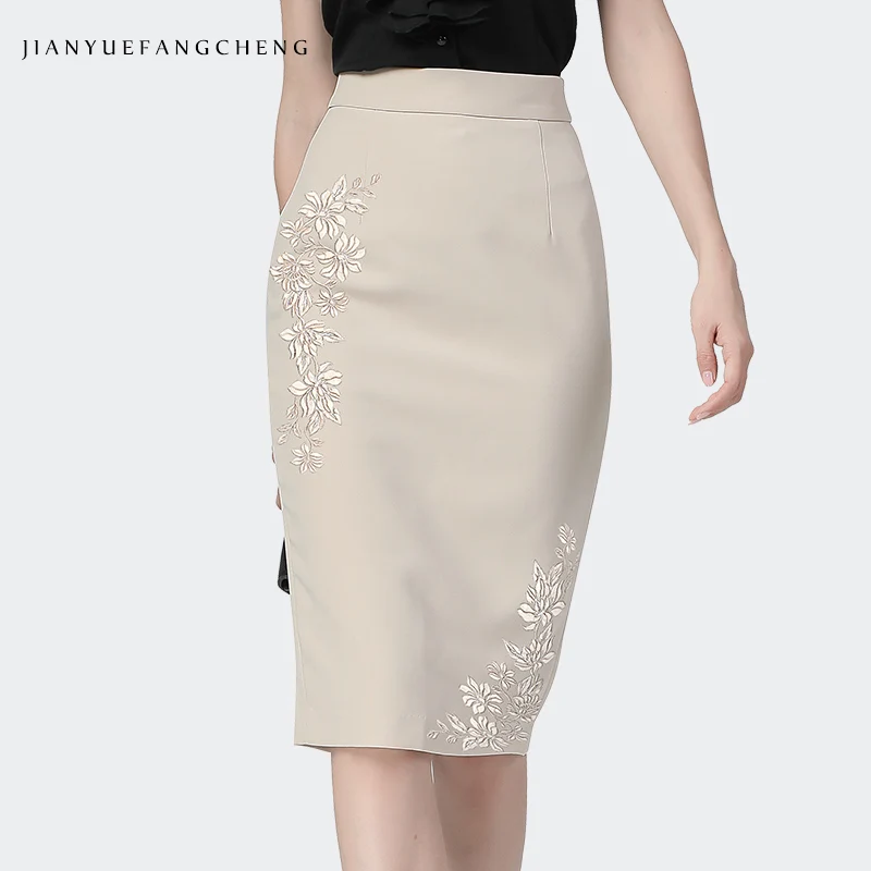 Fashion Beige Embroidery Ladies Pencil Skirt Summer New Mid-Length Sexy Elegant Women Office Clothes Back Split One Step Skirts