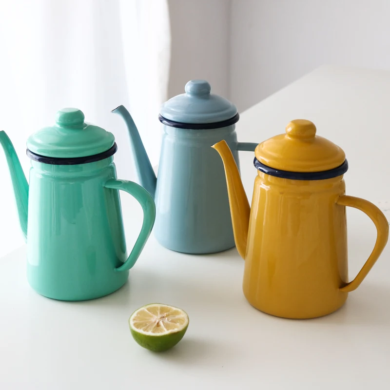 Iron Enamel Colored Coffee Pot/Green/Yellow Hand Pour-over Pot on Open Flame